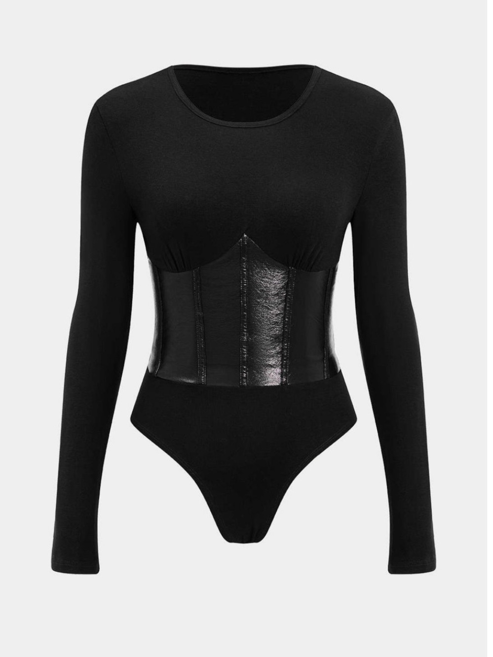 MICAS Black Patchwork Faux Leather Long Sleeve Bodysuit